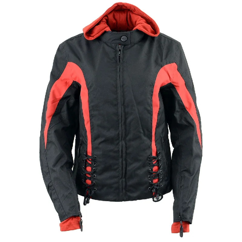 NexGen SH1998 Ladies Red and Black Textile Racer Jacket with Removable Hoodie Zippered Jacket Buttoned Jacket Snapped Jacket NexGen SH1998 Ladies Red and Black Textile Racer Jacket with Removable Hoodie Zippered Jacket Buttoned Jacket Snapped Jacket