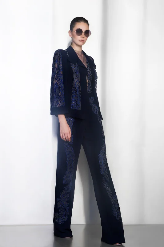 Crepe and lace jacket with pants Stylish Paperbag Waist Pants