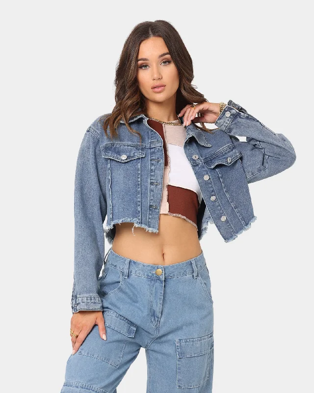 XXIII Women's Cropped Denim Jacket Blue Trench Coat Raincoat Waterproof Jacket