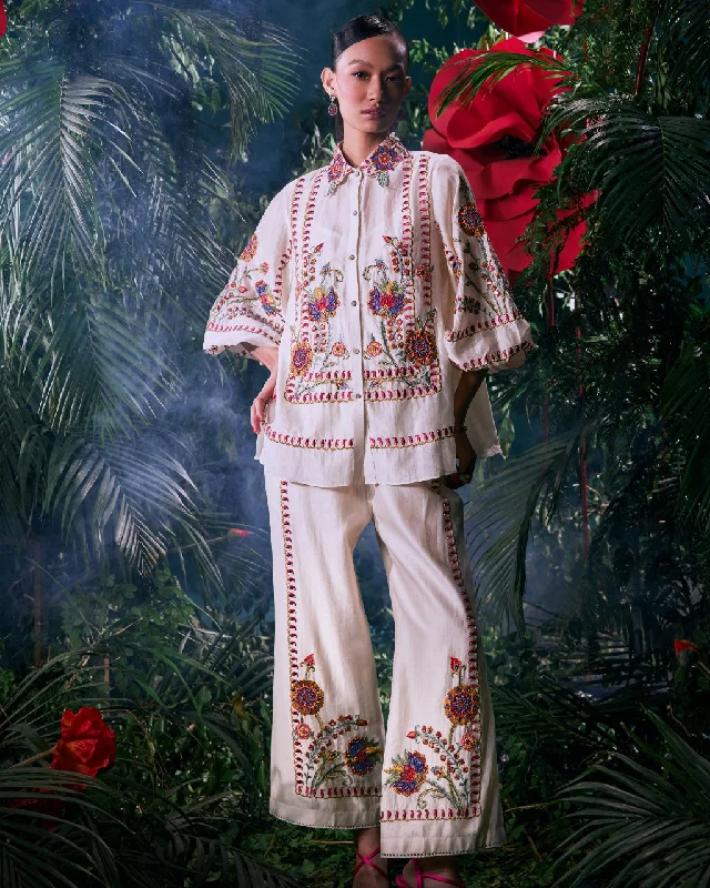 Ivory Multicolour Embroidered Pant Set Stylish Paperbag Waist Pants