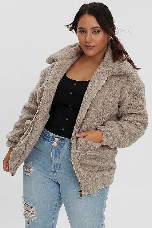 Beige Teddy Jacket Lace Jacket Ribbed Jacket Sequined Jacket