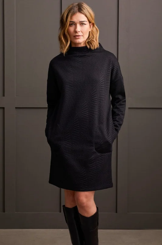 Funnel Neck Sweater Dress with Pockets Herringbone Houndstooth Plaid