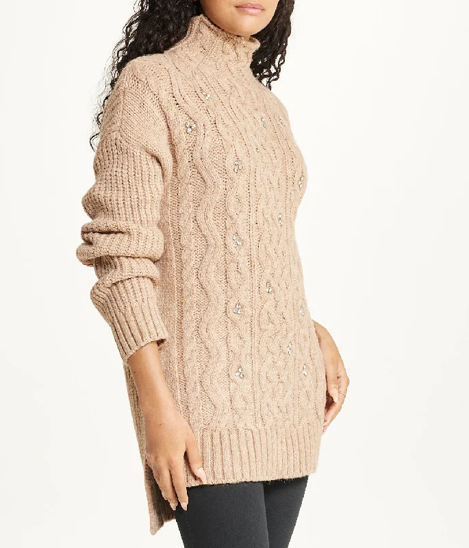 Bejewelled Cable Mock Neck Sweater Casual Formal Business