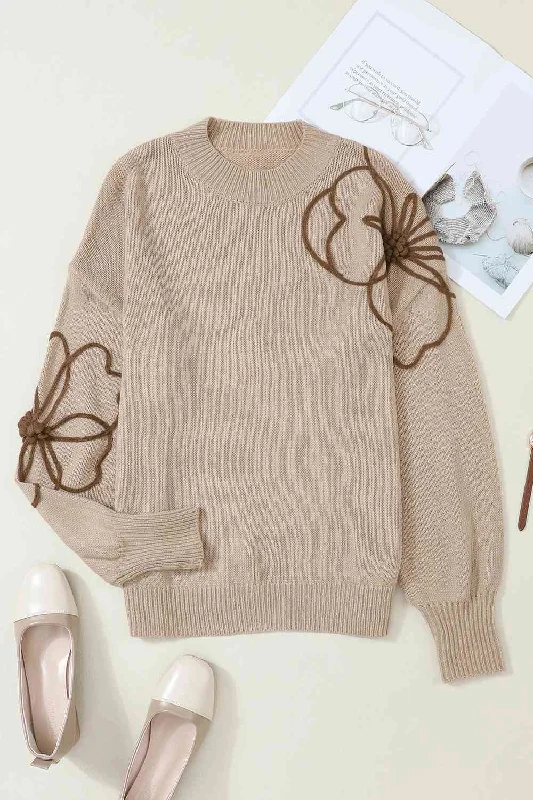 Floral Round Neck Drop Shoulder Sweater Real Fur Shearling Chenille
