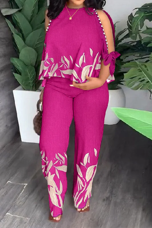 Leaf Print Elegant Beaded Decor Pant Suit Relaxed High-Waist Trousers