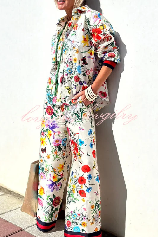 Fabulous Fiesta Satin Floral Unique Print Elastic Waist Pocket Wide Leg Pants Casual Sweatpants Style