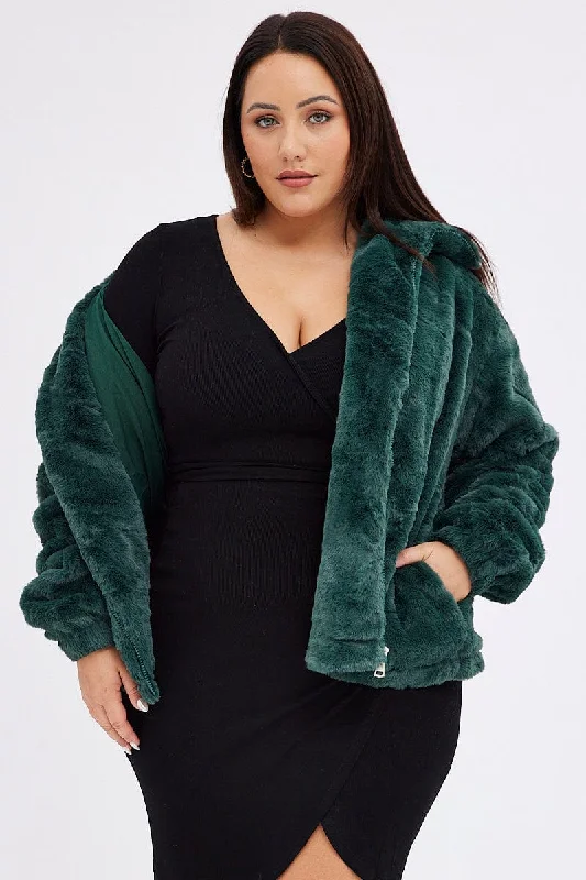 Green Zip Jacket Lined Plush Faux Fur Fleece Fabric Down Fabric Feather Fabric