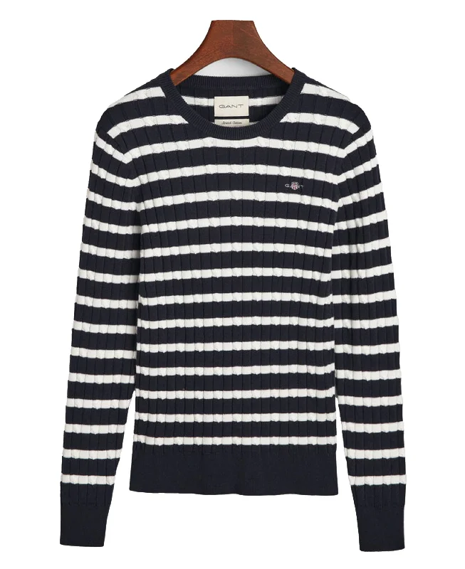 Striped Stretch Cotton Cable Knit Crew Neck Sweater - Evening Blue Fitted Loose Oversized Striped Stretch Cotton Cable Knit Crew Neck Sweater - Evening Blue Fitted Loose Oversized