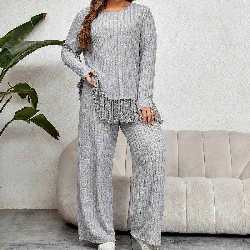 Plus Size Irregular Asymmetric Tassel Long Sleeved Top Loose Wide Leg Pants Suit Slim Fit Casual Pants