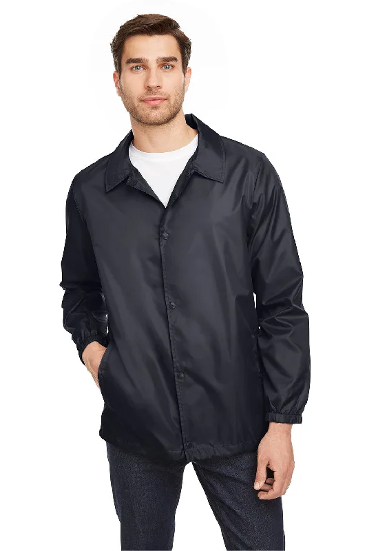 Team 365 Mens Zone Protect Water Resistant Snap Down Coaches Jacket - Black Tailored Jacket Straight Jacket A-Line Jacket Team 365 Mens Zone Protect Water Resistant Snap Down Coaches Jacket - Black Tailored Jacket Straight Jacket A-Line Jacket