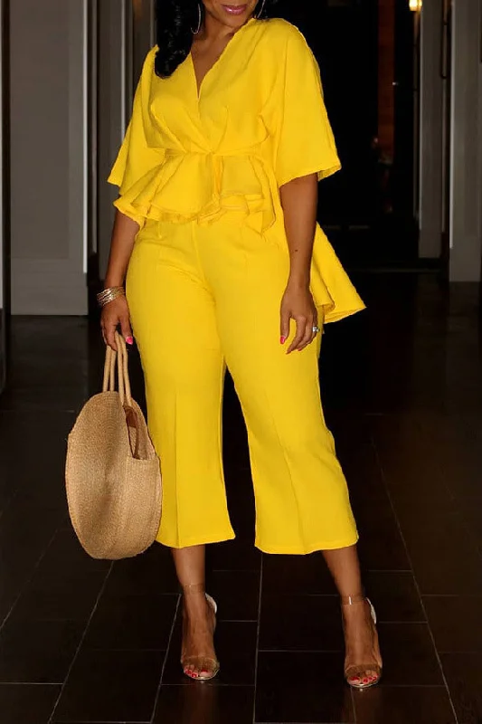 Solid Color Bright Irregular Peplum Pant Suit Trendy Tapered Pants