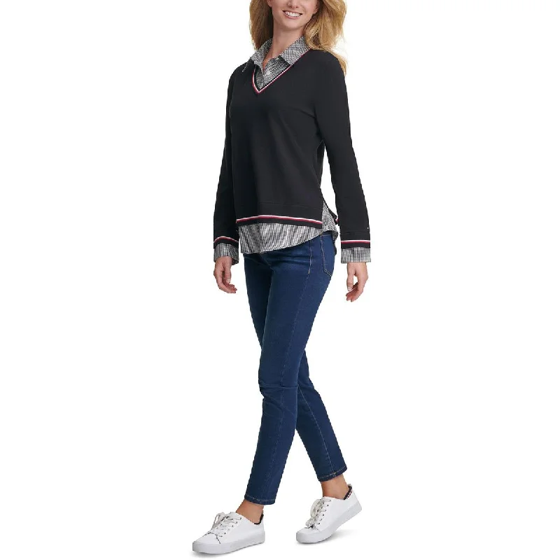 Tommy Hilfiger Womens Layered Look Split Hem V-Neck Sweater Elasticated Padded Insulated