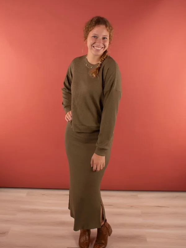 Olive Dreams Ribbed Set - Midi Skirt chiffon skirt lightweight
