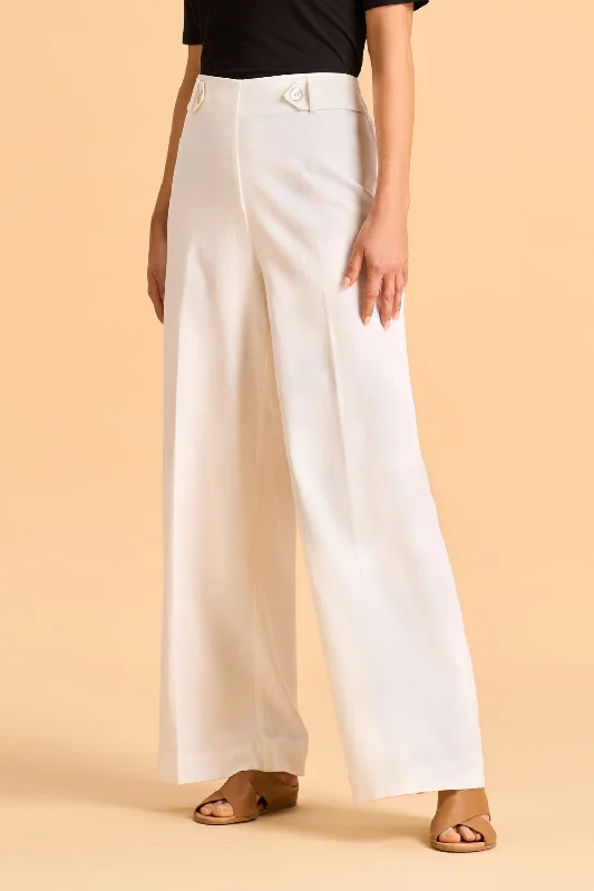 Full Length Waist Tab Linen Pant - White