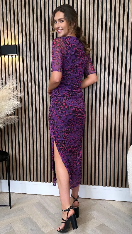 Cassie Purple Printed Mesh Short Sleeved Maxi Dress