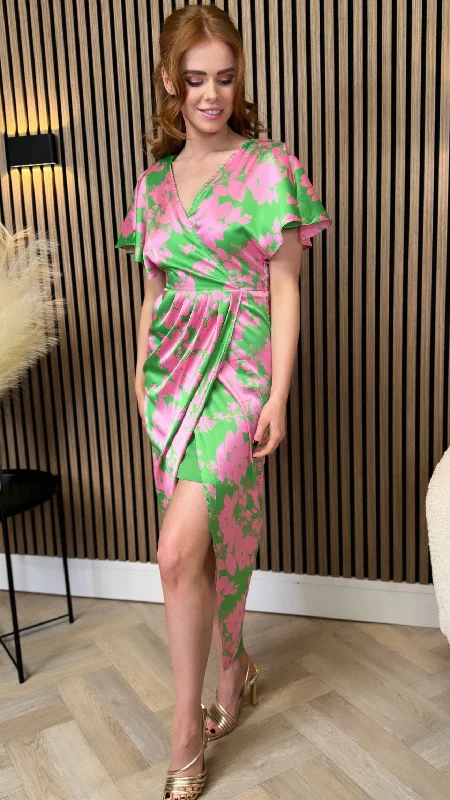 Havana Pink & Green Wrap Over Maxi Dress